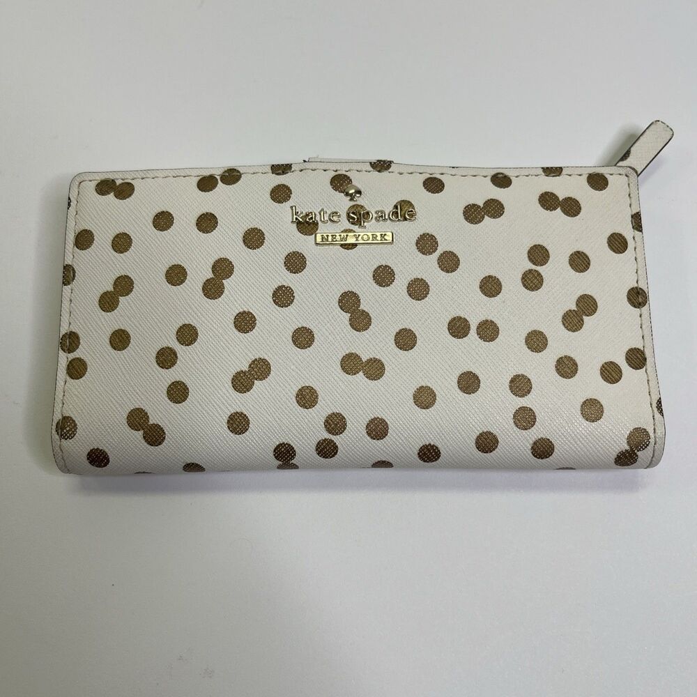 Kate Spade New York Wallet White Cream Gold Polka Dots Snap Closure